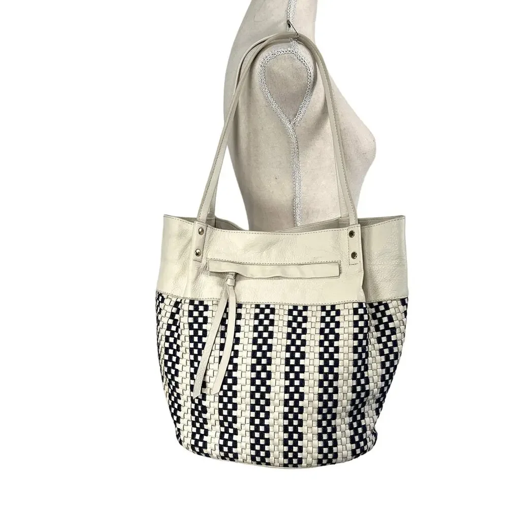 Kooba Bag Tote Shoulder Handbag Striped Woven Denim Detail Western